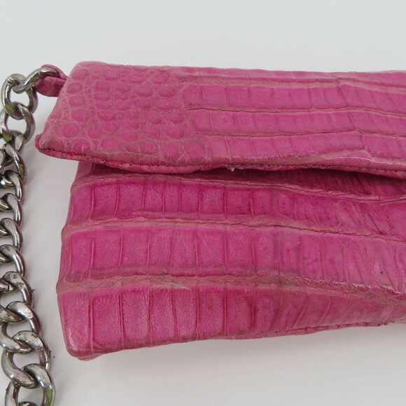 Jamah Barbi Pink Crocodile Leather Suede Lining Chain Strap Wristlet Handbag Bag - Picture 3 of 16